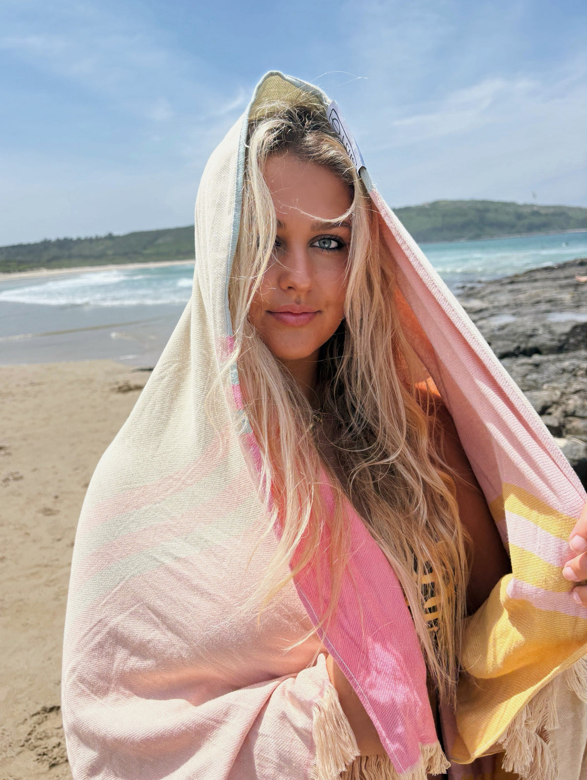 Zuma Turkish Eco Towel: worn as a hood at the beach - Leus Towels Australia